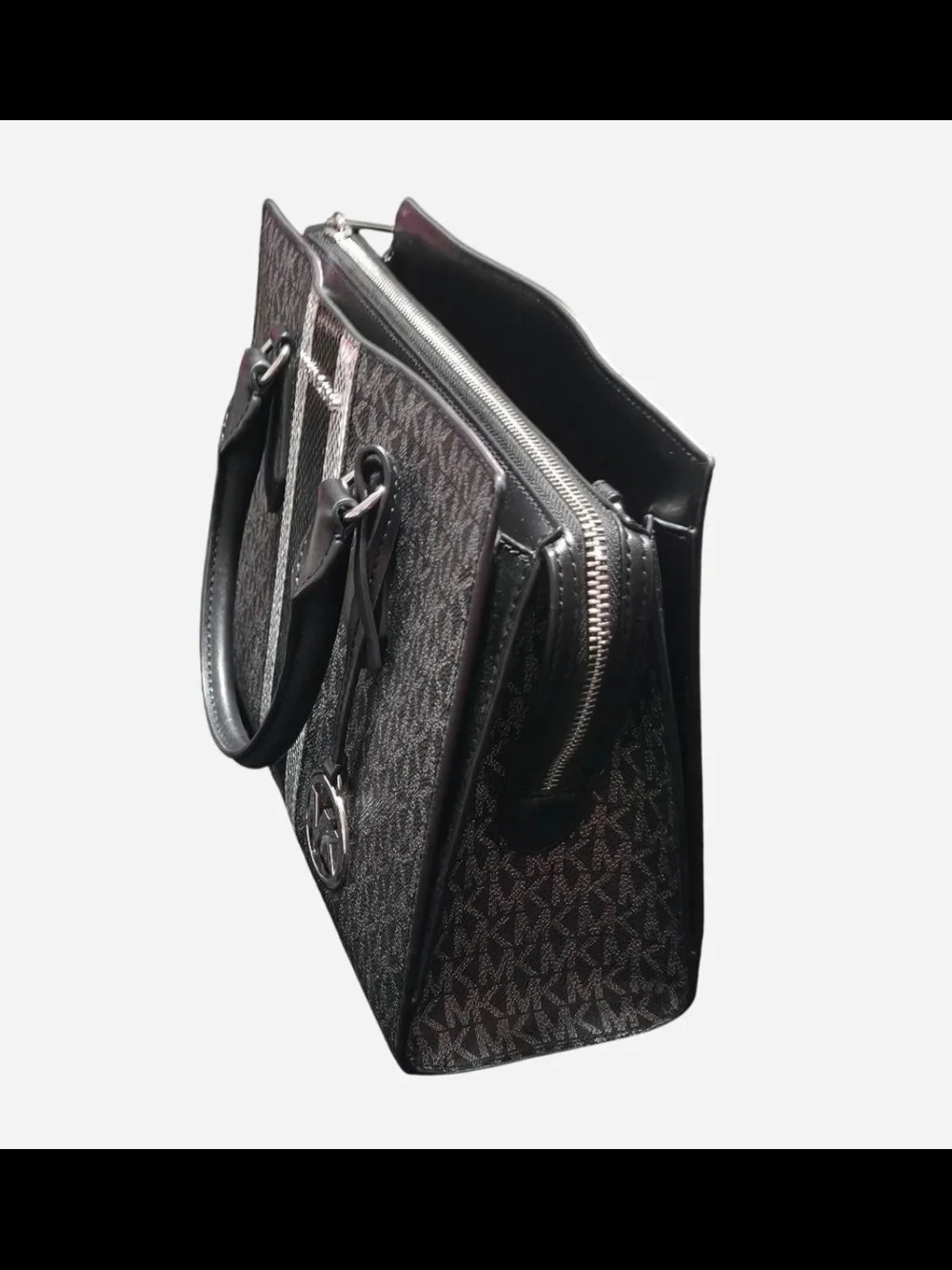Michael Kors Black and Silver Monogram Sheila medium Bag with center Stripe
